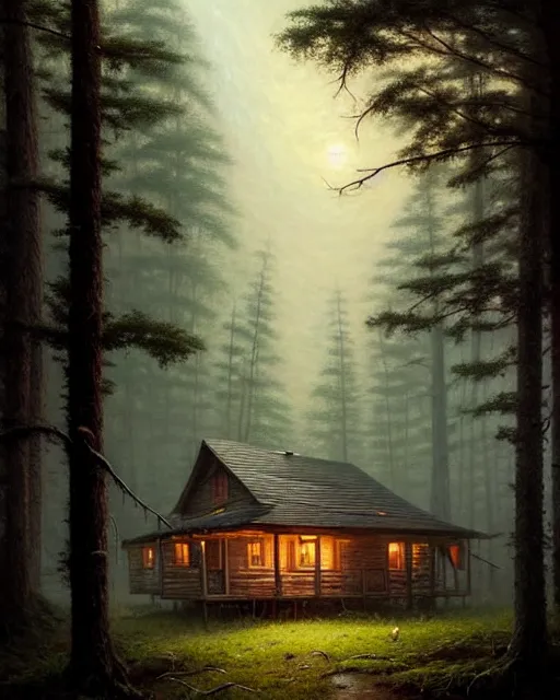 Image similar to a hyper - detailed 3 d render like an oil painting of cabin in the woods floating inside our own consciousness!!!!! surreal concept art, lifelike, photorealistic, digital painting, aesthetic, smooth, sharp focus, artstation hd, by greg rutkowski, bruce pennington, valentina remenar, rhads, asher duran,