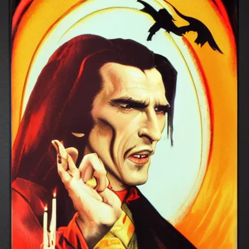 Image similar to photorealistic picture, by bob peak and alex ross, dracula movie poster in 1 9 8 4, gouache and wash paints, fine details, fine intricate, fine facial proportionate, fine body proportionate, fine fix broken line, fine fix duplicate line, smooth focus, sharp details, bokeh, 4 k