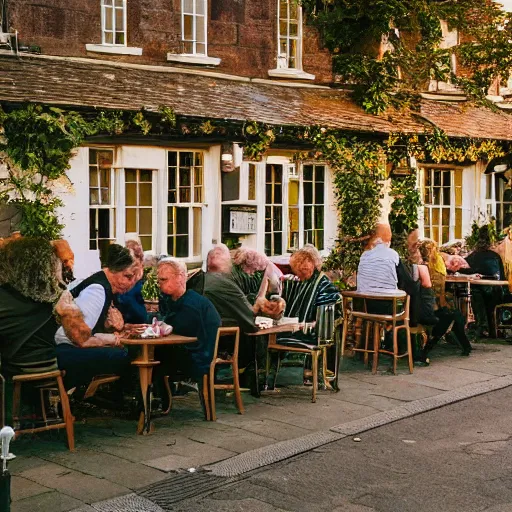 Image similar to an english pub garden at golden hour, attractive people are dancing and drinking pints of lager and smoking cigarettes