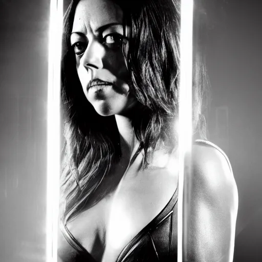 Prompt: aubrey plaza as witchblade by michael turner, studio lighting, depth of field, photography, black and white, highly detailed