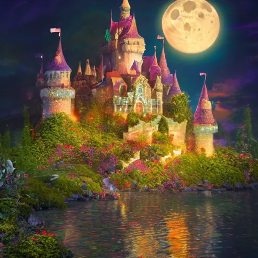 Image similar to a single glittering fairy castle at night, a full moon, water and colourful flowers, extremely detailed oil painting, unreal 5 render, fantasy digital art, octane render, beautiful composition, trending on artstation, award-winning photograph, masterpiece