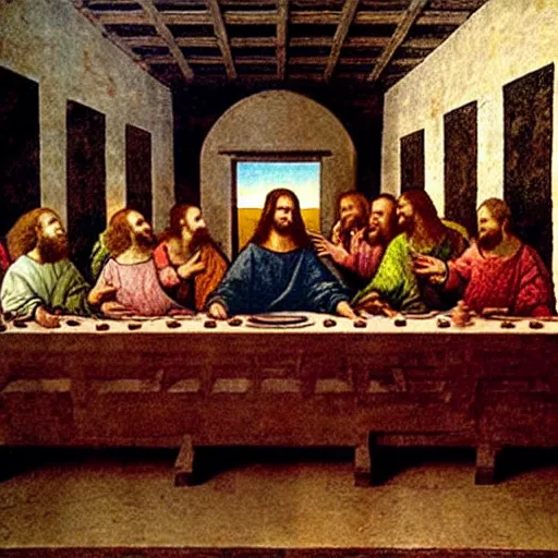 Prompt: an American comic book panel of The Last Supper by Leonardo da Vinci