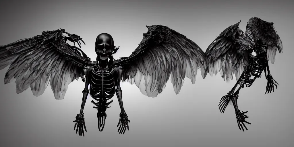 Image similar to mysterious fantasy winged creature skeleton, studio photography, 4 k, dark black background, harsh lighting