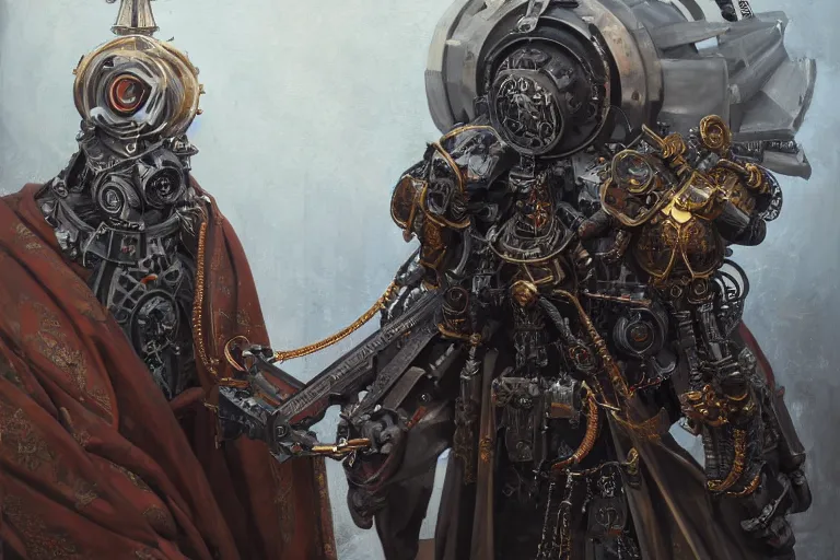 Prompt: priest adeptus mechanicus, oil on canvas, intricate, portrait, 8k highly professionally detailed, HDR, CGsociety, illustration painting by Mandy Jurgens and Małgorzata Kmiec and Dang My Linh and Lulu Chen and Alexis Franklin and Filip Hodas and Pascal Blanché and Bastien Lecouffe Deharme, detailed intricate ink illustration, heavenly atmosphere, detailed illustration, hd, 4k, digital art, overdetailed art, concept art, complementing colors, trending on artstation, Cgstudio, the most beautiful image ever created, dramatic, subtle details, illustration painting by alphonse mucha and frank frazetta daarken, vibrant colors, 8K, style by Wes Anderson, award winning artwork, high quality printing, fine art, gold elements, intricate, epic lighting, very very very very beautiful scenery, 8k resolution, digital painting, sharp focus, professional art, atmospheric environment, art by artgerm and greg rutkowski, by simon stålenhag, rendered by Beeple, by Makoto Shinkai, syd meade, 8k ultra hd, artstationHD, 3d render, hyper detailed, elegant, by craig mullins and marc simonetti, Ross Tran and WLOP, by Andrew Wyeth and Gerald Brom, John singer Sargent and James gurney