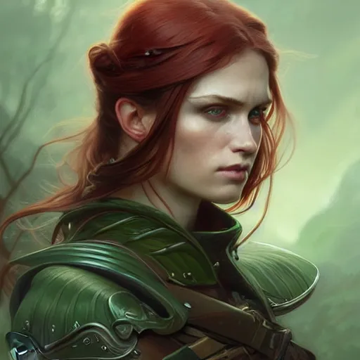 Image similar to Portrait of serious female ranger, D&D, green eyes, face, long red hair, fantasy, intricate, elegant, highly detailed, digital painting, artstation, concept art, smooth, sharp focus, illustration, art by artgerm and greg rutkowski and alphonse mucha