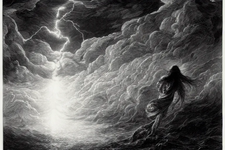 Prompt: black and white, young french woman illuminated by a beam of light through detailed stormy clouds in the sea, demons fly in background, Gustave Dore lithography