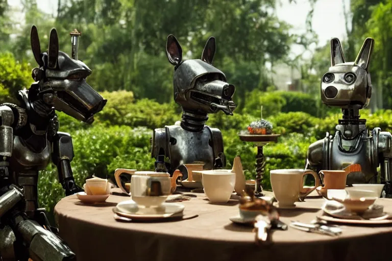 Prompt: film still from the movie chappie of the robot chappie shiny metal outdoor park plants garden scene bokeh depth of field several figures sitting down at a table having a grand victorian tea party furry anthro anthropomorphic stylized cat ears wolf muzzle head android service droid robot machine fursona