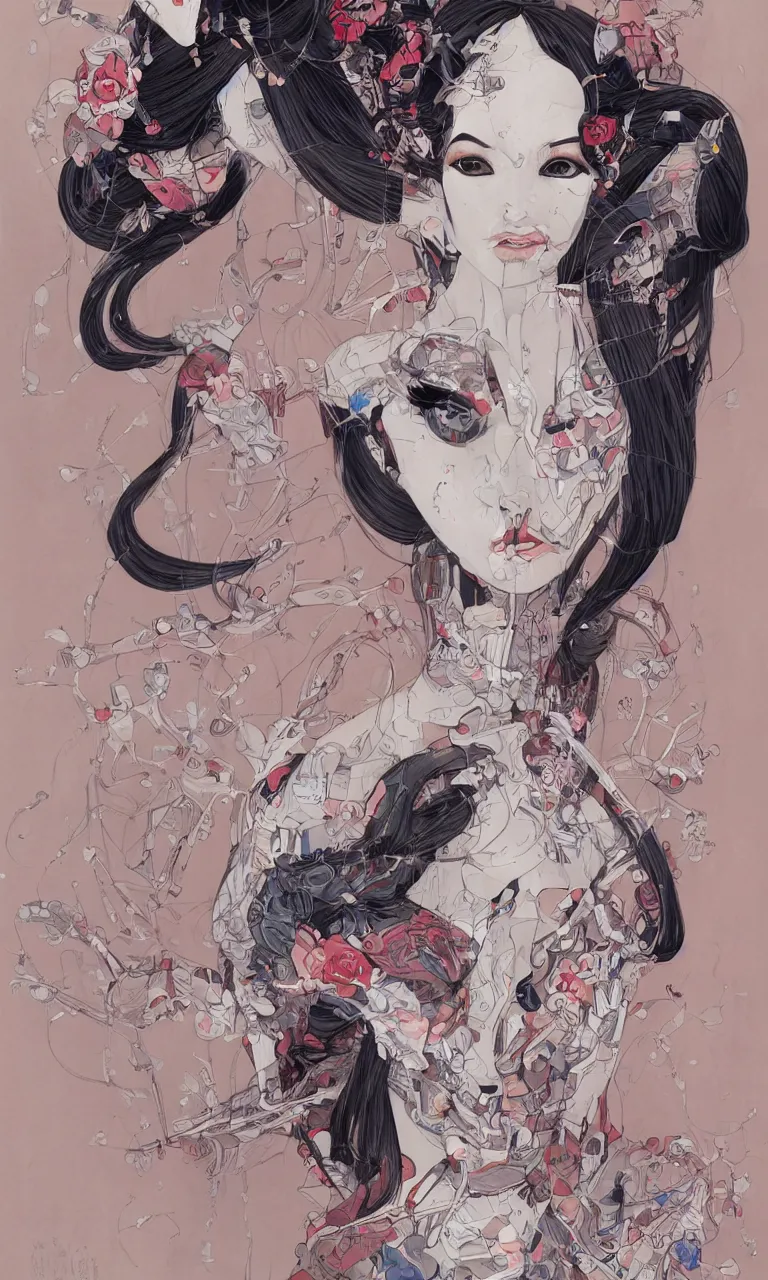 Prompt: a beautiful portrait of a cybernetic geisha by James Jean trending on Artstation
