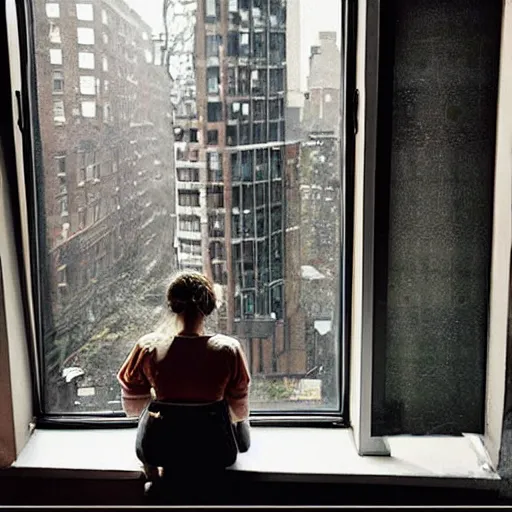 Prompt: “ a girl holding a cup of coffee looking out a window overlooking the east village in new york city, morning light, by gregory crewdson ”