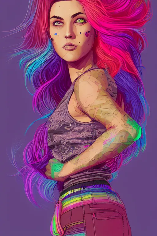 Image similar to a award winning half body portrait of a beautiful woman with stunning eyes in a printed croptop and cargo pants with rainbow colored ombre hairstyle head in motion and hair flying by josan gonzales, outrun, vaporware, shaded flat illustration, digital art, trending on artstation, highly detailed, fine detail, intricate