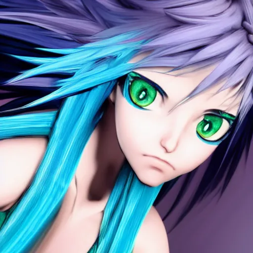 Image similar to a blue haired green eyes girl in a dynamic pose. character design. gesture drawing. line of action. official art, unreal engine 5, unreal engine. tetsuya nomura. medium shot. ray tracing hdr. 8 k. uhd. sharp focus. highly detailed. masterpiece. anime render. cinematic lighting. lifelike. symmetrical face. beautiful face