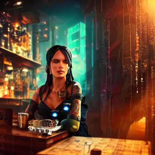 Image similar to a high quality portrait of a beautiful stunning pirate in a cyberpunk cyberpunk cyberpunk cafe, realism, 8k, award winning photo