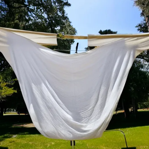 Image similar to Donald Trump hanging white linen sheets on a clothesline, sunny day