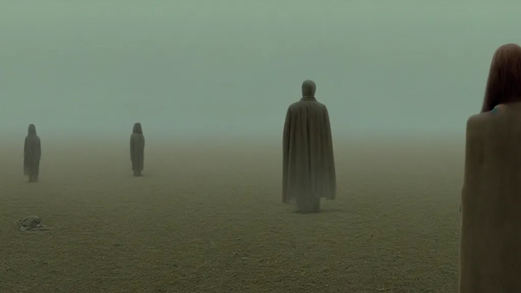 Image similar to regret, film still from the movie directed by Denis Villeneuve with art direction by Zdzisław Beksiński, wide lens