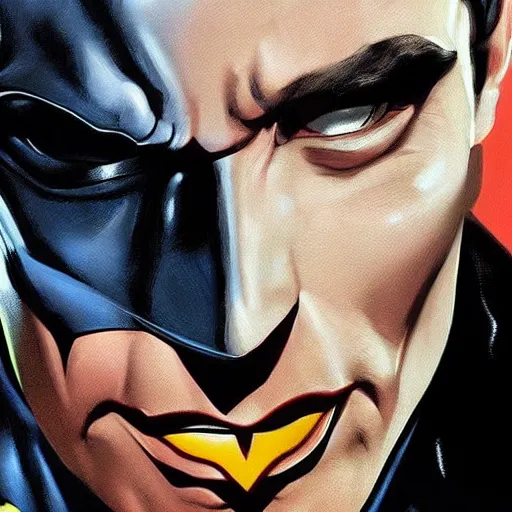 Image similar to An ultra-realistic painting of Batman in the style of Alex Ross. 4K. Ultra-realistic. Highly detailed. Dark Fantasy. Epic lighting.