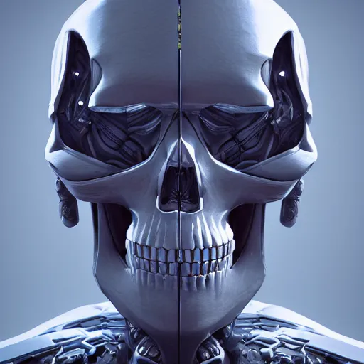Prompt: portrait of cybernetic overlord of the metaverse, skull, hard clay, ceramics, reflections, ambient occlusion, raytracing, unreal engine 5, 8 - bit graphics, by beeple