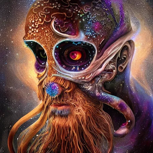 Prompt: a wlop 3 d render of very very very very highly detailed beautiful mystic portrait of a phantom undead cuttlefish with whirling galaxy around, tattoos by anton pieck, intricate, extremely detailed, digital painting, artstation, concept art, smooth, sharp focus, illustration, intimidating lighting, incredible art,