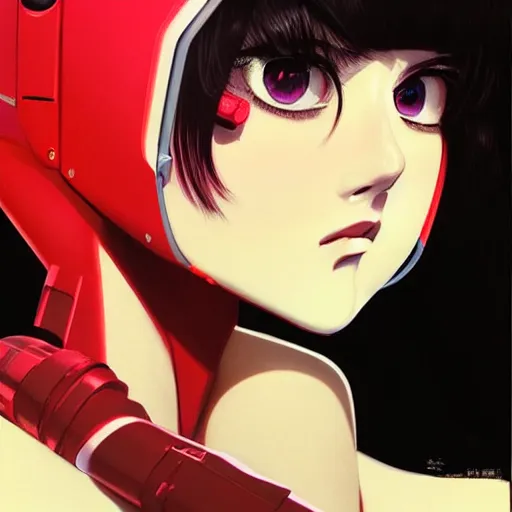 Image similar to A beautiful cyborg woman with big and cute eyes || VERY ANIME, fine-face, red and black robotic parts, realistic shaded perfect face, fine details. Anime. realistic shaded lighting poster by Ilya Kuvshinov katsuhiro otomo ghost-in-the-shell, magali villeneuve, artgerm, Jeremy Lipkin and Michael Garmash, Rob Rey and Kentarõ Miura style, trending on art station