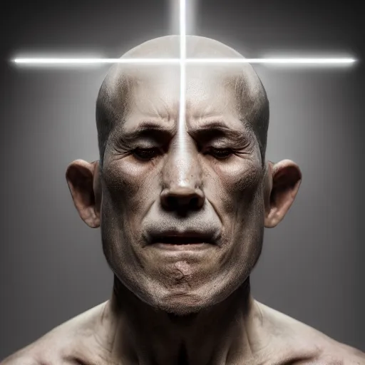 Image similar to Half cyborg half monk discovering enlightenment, dark atmosphere, 8k, cinematic lighting, symmetry, elegant, ornate, hyper realistic, zen