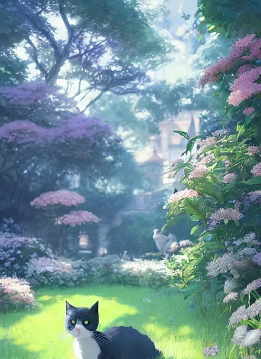 Image similar to portrait of a cute cat in an enchanted garden, digital illustration, by makoto shinkai and ruan jia