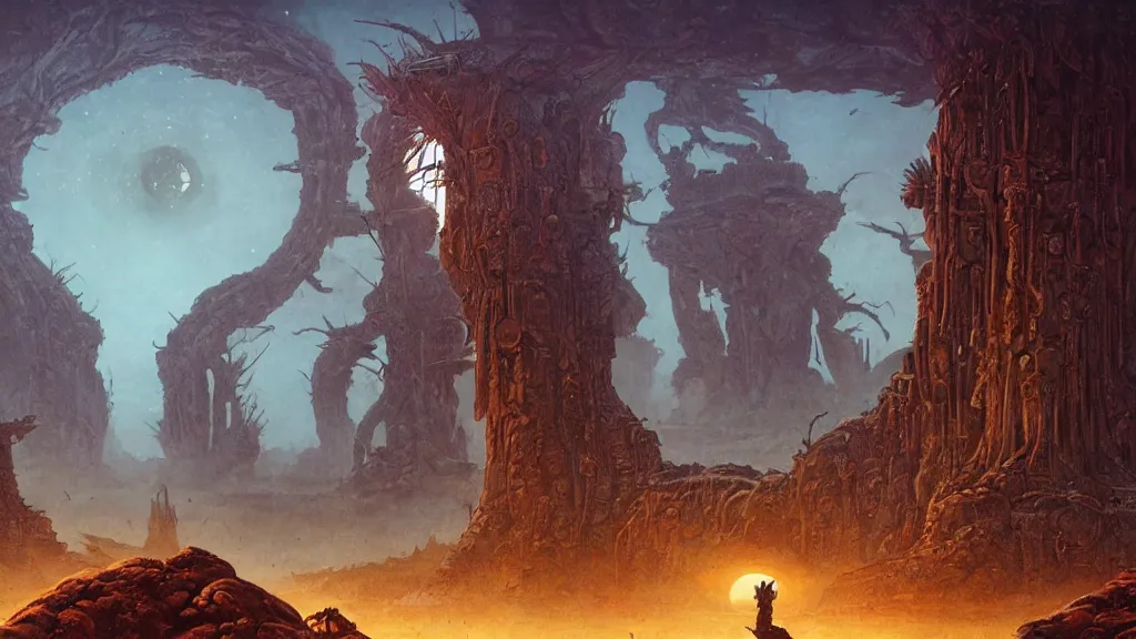 Image similar to eerie atmospheric alien planet with biomechanical plants and the ruins of civilization by les edwards and vincent di fate and anato finnstark, epic cinematic matte painting