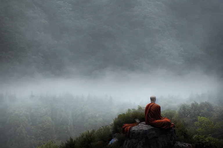 Prompt: beautiful buddhist temple, mountain location, fog, serene, artstation, trending, monk by quentin mabille