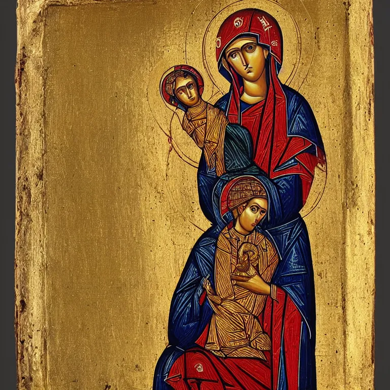 Image similar to byzantine icon depicting mary holding a divine shiba inu god