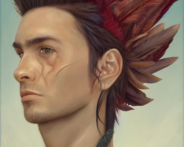 Prompt: A detailed matte oil on canvas head on symmetrical portrait of a man with the head of a quetzal wearing quetzal feathers by Charlie bowater, Lise Deharme, Wlop, trending on artstationhd, dungeons and dragons art, critical role