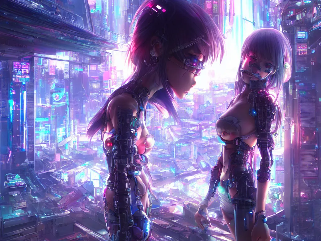 Image similar to anime visual of futuristic cyber warrior girl, in future cyberpunk neon light reflected tokyo rooftop, ssci - fi and fantasy, intricate and very beautiful and elegant, highly detailed, digital painting, artstation, concept art and smooth and sharp focus, illustration, art by huaixuan xiang and tian zi and alphonse mucha and wlop