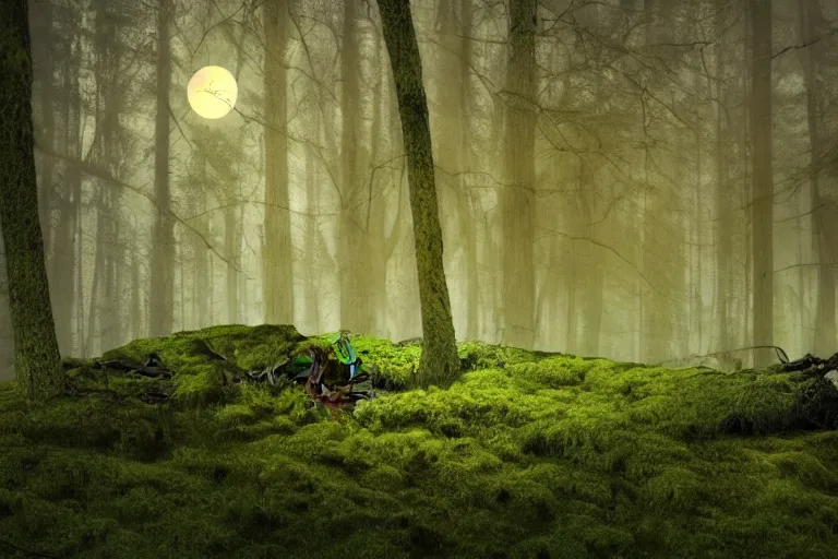 Image similar to a burning human skeleton behind computer overgrown with moss, in foggy forest, at night with moon light, dark atmosphere, fantasy, digital art