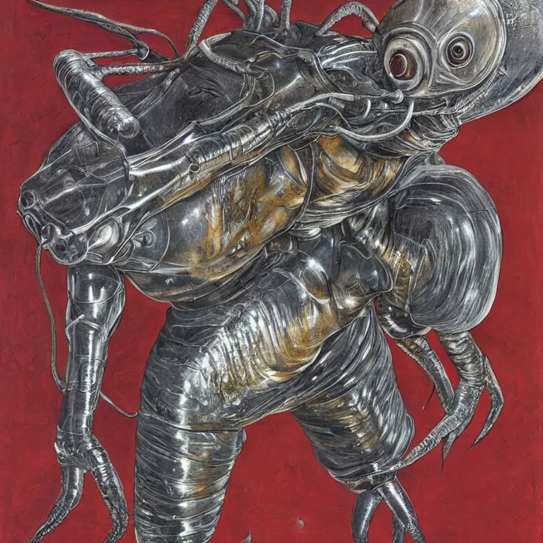 Image similar to painting by wayne barlow and carlo crivelli, a woman in a skintight silver shining spacesuit riding on the back of a giant alien crab on a dramatic red rocky planet