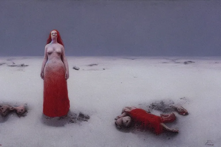 Image similar to a surrealist painting of a lonely woman with pale skin and red hair, standing over pile of bodies in post apocalyptic snowy landscape, painted by zdzisław beksinski