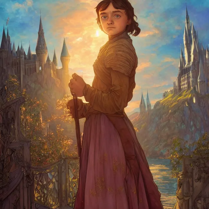 Prompt: young arya stark with hogwarts as background at sunset, highly detailed, gold filigree, romantic storybook fantasy, soft cinematic lighting, award, disney concept art watercolor illustration by mandy jurgens and alphonse mucha and alena aenami, pastel color palette, featured on artstation