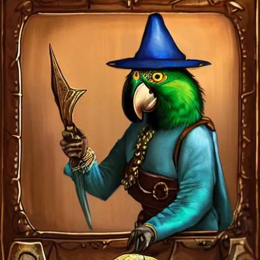 Image similar to MTG artwork of Anthro parrot trader in his shop, shelves full, selling a gem, portrait, items, magic potions, carpet, window, fancy funny hat, sly expression , cunning expression, cute expression, presenting magic gem, D&D, fantasy, cinematic lighting, highly detailed, digital painting, artstation, concept art, smooth, sharp focus, illustration, warm light, cozy warm tint, magic the gathering artwork, volumetric lighting, 8k, no gold, no gold colours, art by Akihiko Yoshida and Greg Rutkowski