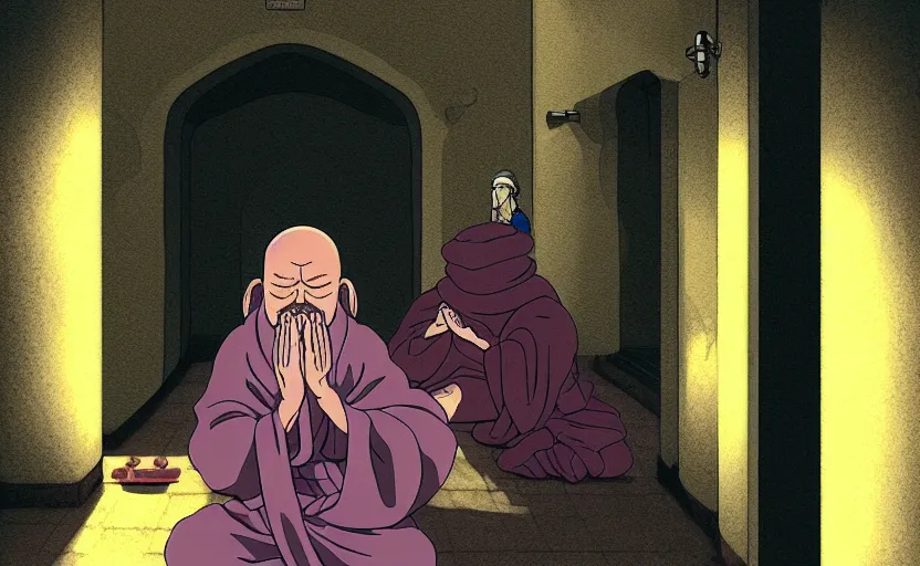 Prompt: a film still portrait of a mauve old monk meditating through cubic snake hallway bubble, finely detailed features, closeup at the faces, chronenberg, perfect art, grimdark, trending on pixiv fanbox, painted by studio ghibli