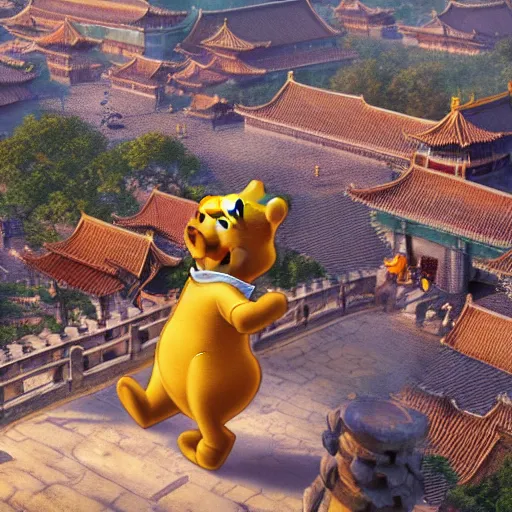 Image similar to winnie the pooh explores the forbidden city in china, award winning photography, extremely detailed artstation 8 k sensual lighting epic composition, weta pixar disney