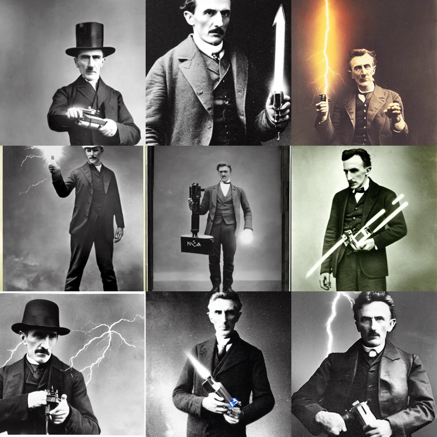 Prompt: color photograph of Nicola Tesla holding a tesla gun with lightning