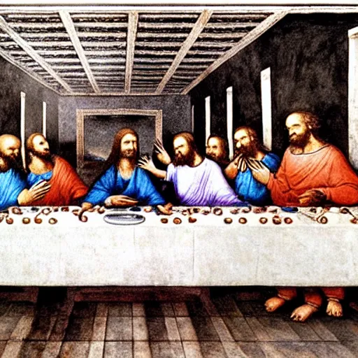 Prompt: the last supper mural painting by leonardo da vinci as an x - ray imaging photograph