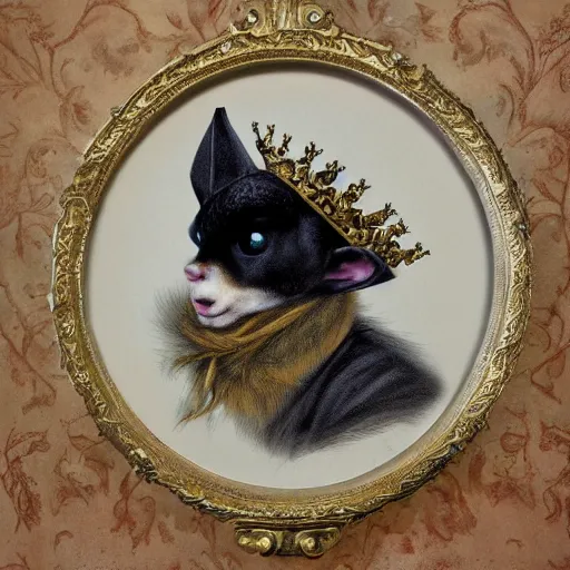 Prompt: a lovely gorgeous rococo wind furry bat, with lovely eyes, lovable, with a gorgeous crown