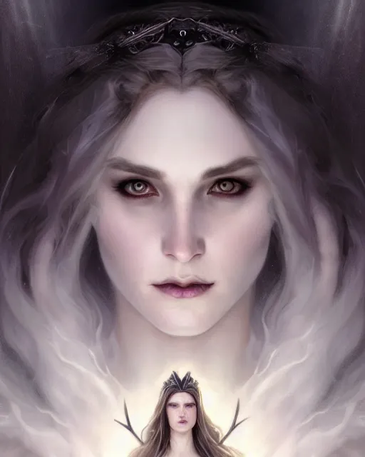 Prompt: realistic portrait of a beautiful white witch, dark night, beautiful, heroic pose, beautiful face, magic, dark magic, dramatic lighting, intricate, wild, highly detailed, digital painting, artstation, concept art, smooth, sharp focus, illustration, art by artgerm and greg rutkowski and alphonse mucha, footage from space camera