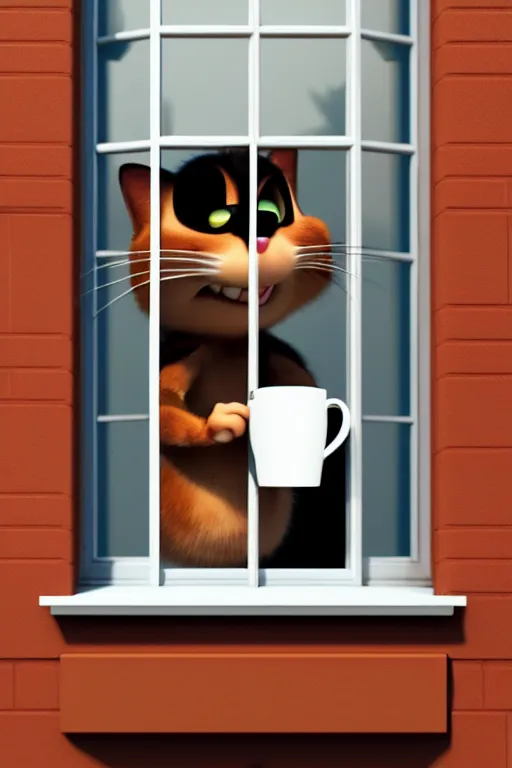 Image similar to happy cat holding one cup of coffee at house window. Pixar Disney 4K 3d render funny animation movie Oscar winning trending on ArtStation and Behance. Ratatouille style.