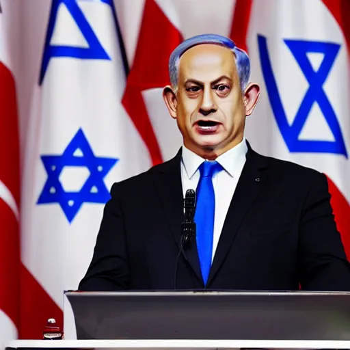 Image similar to photograph of Benjamin Netanyahu giving a speech with a podium in front of him, suited men with medical masks standing behind him, cinematic lighting, official media, HQ, 4K, news photography