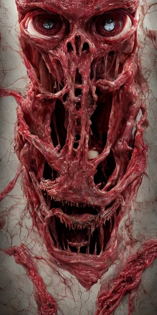 Prompt: smiling photorealistic ultra detailed humanoid creature made of decomposed bloody flesh and bones looking through the window, night, the woods, extremly detailed, 8 k, realistic, sharp focus, cosmic horror creature, cosmic horror, from the movie the thing, mysterious creature, bloody eyes, big eyes