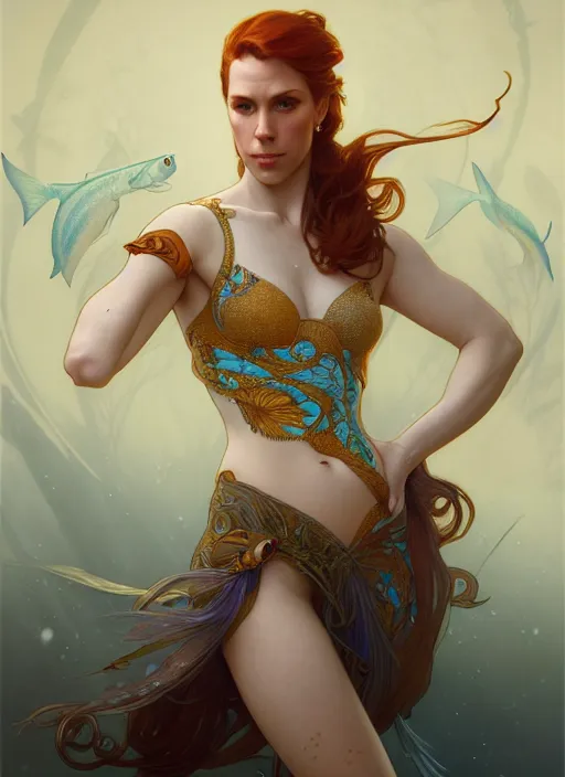 Image similar to marisha ray as a fish, intricate, elegant, highly detailed, digital painting, artstation, concept art, smooth, sharp focus, illustration, art by artgerm and greg rutkowski and alphonse mucha, 8 k