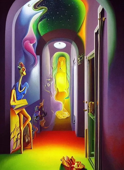 Prompt: an extremely high quality hd surrealism painting of a 3d galactic neon complimentary-colored cartoony surrealism melting optically illusiony hallway by kandsky and salviadoor dali the seventh, salvador dali's much much much much more talented painter cousin, 4k, ultra realistic, super realistic, so realistic that it changes your life