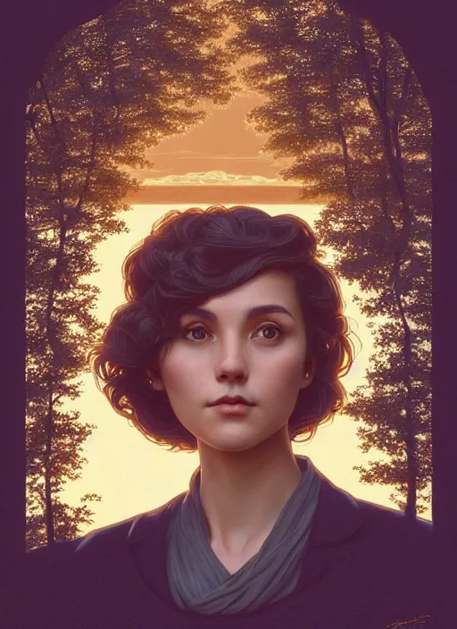 Image similar to symmetrical, full body portrait of a woman with short wavy hair, round face, cottagecore!!, river, trees, golden hour, intricate, elegant, highly detailed, digital painting, artstation, concept art, smooth, sharp focus, illustration, art by artgerm and greg rutkowski and alphonse mucha