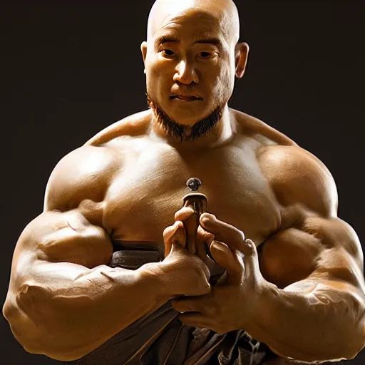 Prompt: turtle bodybuilder wearing a monk robes holding incense burner. natural lighting by ruan jia, portrait