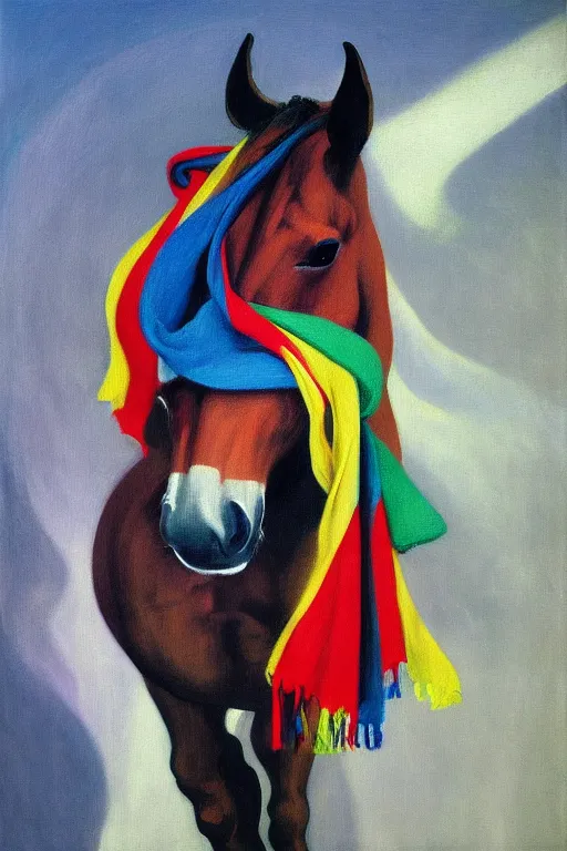 Prompt: scarf in the form of a horse around the neck of an astronaut, highly detailed painting by francis bacon, edward hopper, adrian ghenie, gerhard richter, and james jean soft light 4 k,