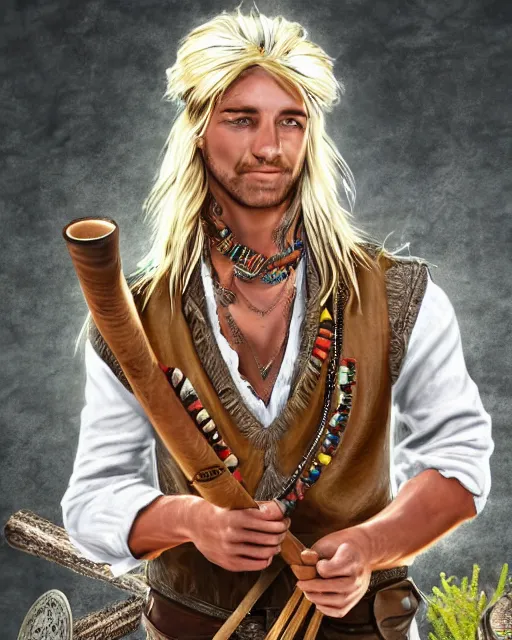 Prompt: a hippy male ranger, dnd, wearing a leather vest and white linen pants, puka shell necklace, long swept back blond hair, with a bongo drum and nunchuku, chiseled good looks, digital art