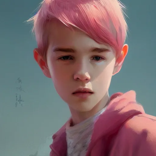 Image similar to young boy, pink hair, modern clothes, gorgeous, amazing, feminine, elegant, intricate, highly detailed, digital painting, artstation, concept art, sharp focus, illustration, art by WLOP and greg rutkowski